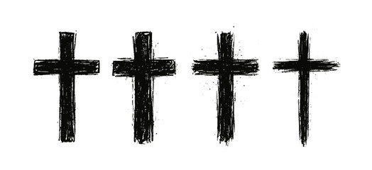 Christian cross grunge hand drawn black paint symbol. Brush cross crucifix catholic Jesus church logo illustration.