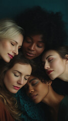 Obraz premium Close-up of four women with diverse ethnicities, eyes closed, heads together, suggesting unity and peace, representing sisterhood, friendship, and togetherness
