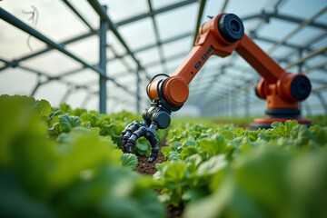 Smart farming agricultural technology. Robotic arm harvesting hydroponic lettuce in a greenhouse. AI