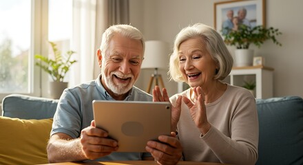 Senior Couple Video Chatting on Tablet at Home AI Generated