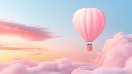 Obraz premium A serene scene featuring a pink hot air balloon floating amidst soft, pastel clouds during a colorful sunrise.