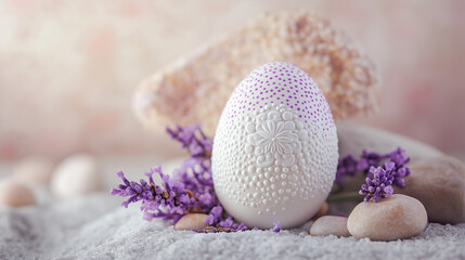 Obraz premium Decorated Easter egg with lavender on sand – delicate spring composition for seasonal celebration
