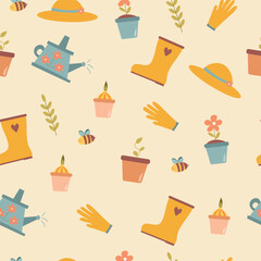 Spring seamless pattern with different flowers in pots, rubber boots, gloves for gardening and watering can. Cartoon gardening illustration.  Perfect for wrapping paper, scrapbooking paper, and kids. 