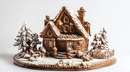 charming chocolate house with snowy details on white background
