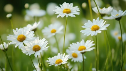Fototapeta premium White daisies blooming in green field: summer meadow flowers