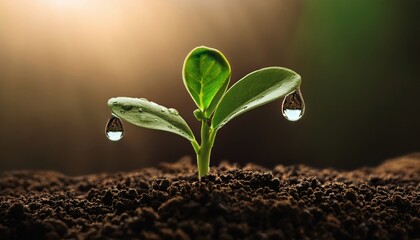 A Tiny Sprout's Dawn: Witness the gentle emergence of new life as a tender sprout rises from the soil, glistening with droplets, symbolizing growth and the promise of a vibrant future.