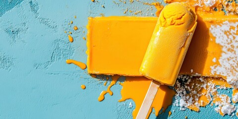 Vegan mango ice cream on a stick with tropical fruit texture and vibrant yellow color, minimal summer dessert on pastel background, copy space
