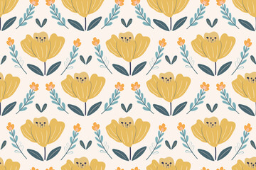 Seamless floral pattern, featuring yellow flowers and delicate leaves. The repeating motif creates a sense of harmony and balance, perfect for adding any design textile, wall, paper, wrapping, green