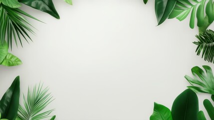 Lush Green Tropical Leaves Framing a Clean White Background with Copy Space for Environmental Awareness Messaging and Eco-Friendly Initiatives and Ideas