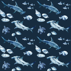 Watercolor seamless pattern. Hammerhead sharks fish shells and turtle in blue ocean theme for tropical sea life design