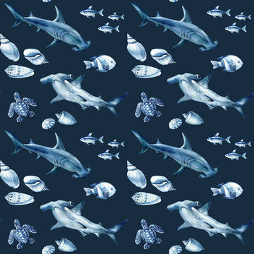 Watercolor seamless pattern. Hammerhead sharks fish shells and turtle in blue ocean theme for tropical sea life design