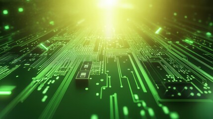 Fototapeta premium Abstract Image of a Glowing Green Circuit Board Evoking Green Technology Concepts with Ample Copy Space for Textual Inclusion and Creative Uses