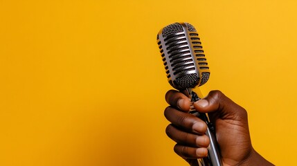Hand holding a vintage microphone against a yellow backdrop
