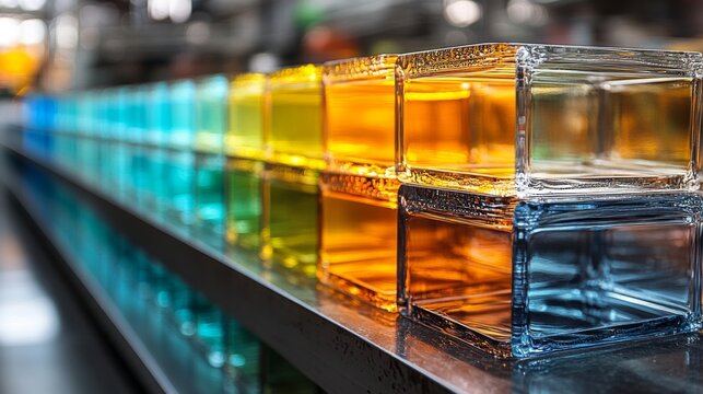 A variety of colorful glass blocks are neatly aligned in a manufacturing facility.