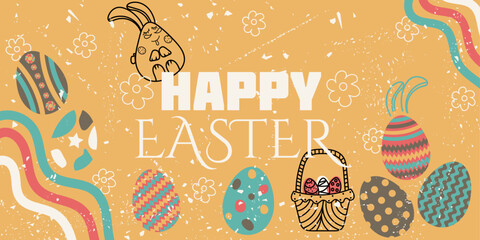 Happy Easter сolorful postcard - banner. Black basket with easter eggs with congratulations inscription, bunny ears on yellow background. Pencil hand drawn vector illustration with faded paper effect 