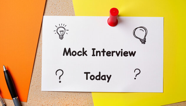 Corkboard with pinned note "Mock Interview Today" next to hand-drawn question marks and ideas icons, blurred background with soft yellow tones, Summer Internships