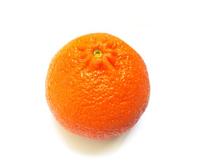 A vibrant, juicy orange sits against a stark white background. Its textured peel and bright color evoke freshness and health.