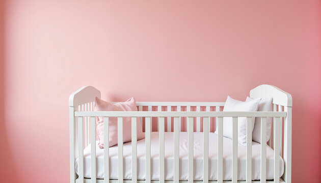 Empty white hospital crib under soft ceiling light with neatly folded linens inside and copy space on pale pink wall, Childbirth