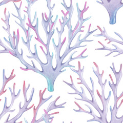 Branched coral. Seamless pattern. Watercolor illustrations. Ocean coral reefs, underwater animals of the seabed. Hand drawn isolated art. Underwater nature background for fabric, marine theme