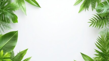 Lush Green Tropical Leaves Creating a Vibrant Frame Against a Clean White Background with Ample Space for Text and Sustainable Power Copy Area