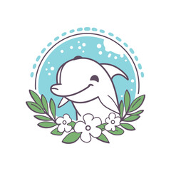 Cute Cartoon Dolphin with Floral Decoration