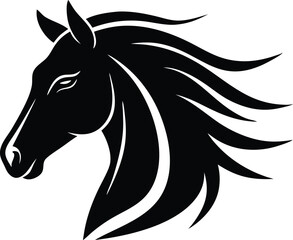 Elegant Black Horse Head Vector Illustration With Flowing Mane On White Background, horse, horse head, equine, stallion, mare, head, animal, mammal, black, vector, illustration, graphic, design