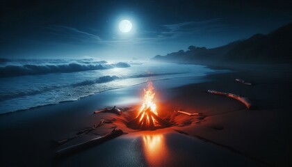 A campfire on a deserted beach flames reflecting in tidal pools