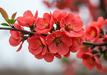 Obraz premium A flowering quince branch with red blossoms and green leaves