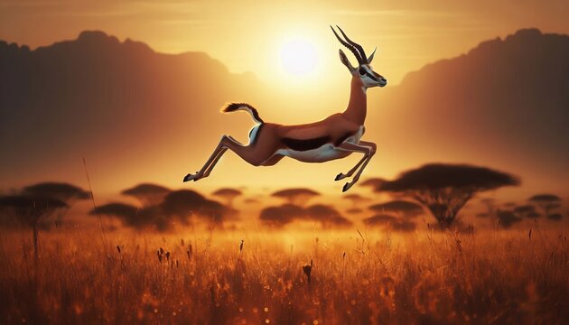 A gazelle displaying stotting behavior jumping high with stiff l