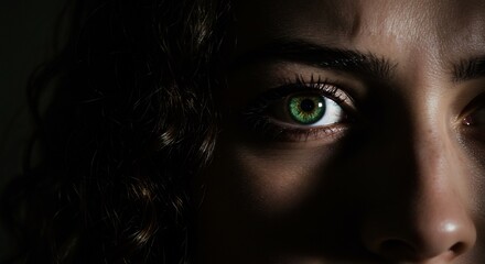 Fototapeta premium Close up portrait dramatic low light green eyes. AI Generated