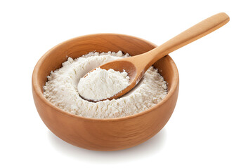 Wooden bowl filled with flour and a wooden spoon on a white background