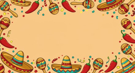 Obraz premium Festive mexican fiesta background with colorful sombreros, chili peppers, and maracas