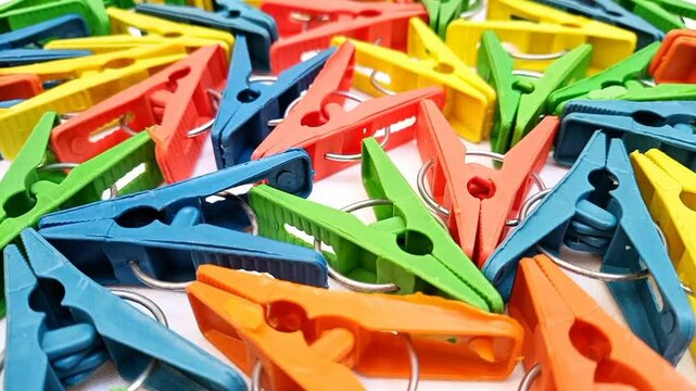 Multi color plastic laundry clips rotating background, Clothes pins or clothes pegs for house
