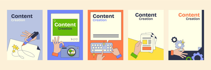 Content creation visuals with bold colors, geometric shapes, and hands. Neubrutalism style.