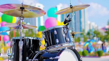 Black Drum Kit Outdoors with Colorful Balloons and City Background