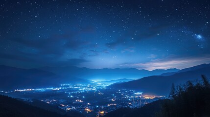 Naklejka premium Night view of a valley town with mountains and stars