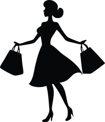 Elegant Woman Silhouette Shopping Bags Fashionable Lady Style Icon Trendy Design, woman, shopping, silhouette, fashion, bag, female, style, elegant, vector, lady, dress, black, design, icon, model