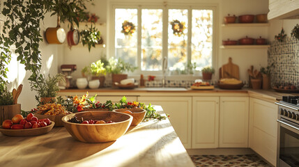 Bright kitchen with fall themed decor and wooden accents