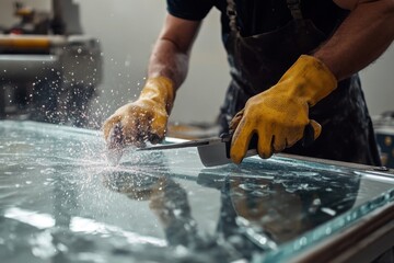 Skilled worker cuts glass with precision while wearing protective gloves in a workshop