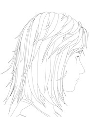 A woman's head with short hair. The hair is parted in the middle and is wavy