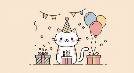 Fototapeta premium Cute Cat Birthday Party Pastel Illustration. AI Generated