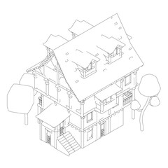 A house with a slanted roof and a porch. The house is white and has a lot of windows. Isometric view