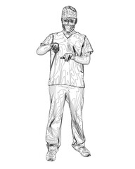 A Doctor in a white lab coat is holding his hands up in the air.