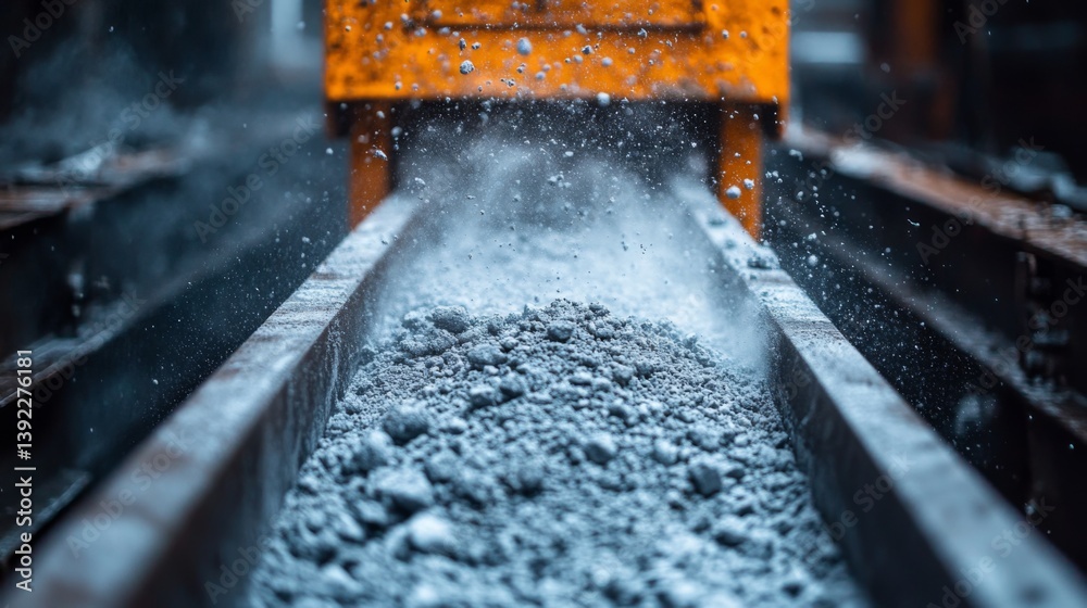 Poster a conveyor system delivers gray cement like material in a mining operation focused on excavation and