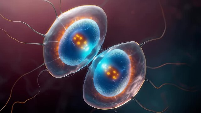 A vibrant and detailed view of a stem cell undergoing mitosis, showcasing the intricate process of division with glowing organelles and chromosomes
