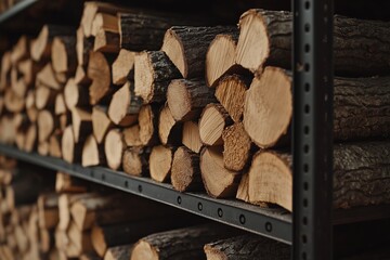 Varied wood logs arranged on dark racks, some split at the ends, showing rough and clean textures