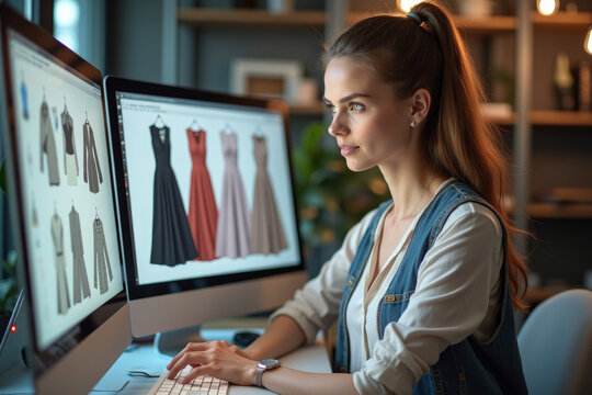 Woman fashion designer works on notebook with illustration of clothing collection sketch. Creativity and modern technology. AI