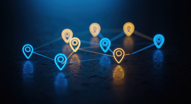 Connected Locations: Glowing Map Pins Network on Dark Surface - Navigating the Digital Landscape