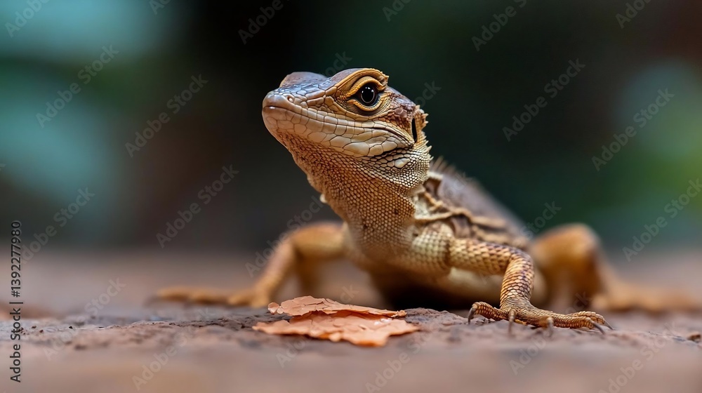 Poster close-up of a small brown lizard with intricate scales, perched on a dark brown surface with a blurr