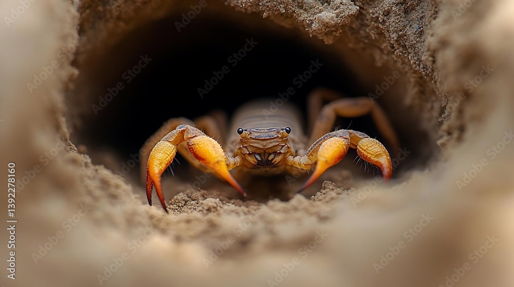 Aufkleber Close-up view of a scorpion emerging from its burrow in the sand. The scorpion is predominantly tan and orange, with visible claws and pincers. The background is a dark, sandy burrow